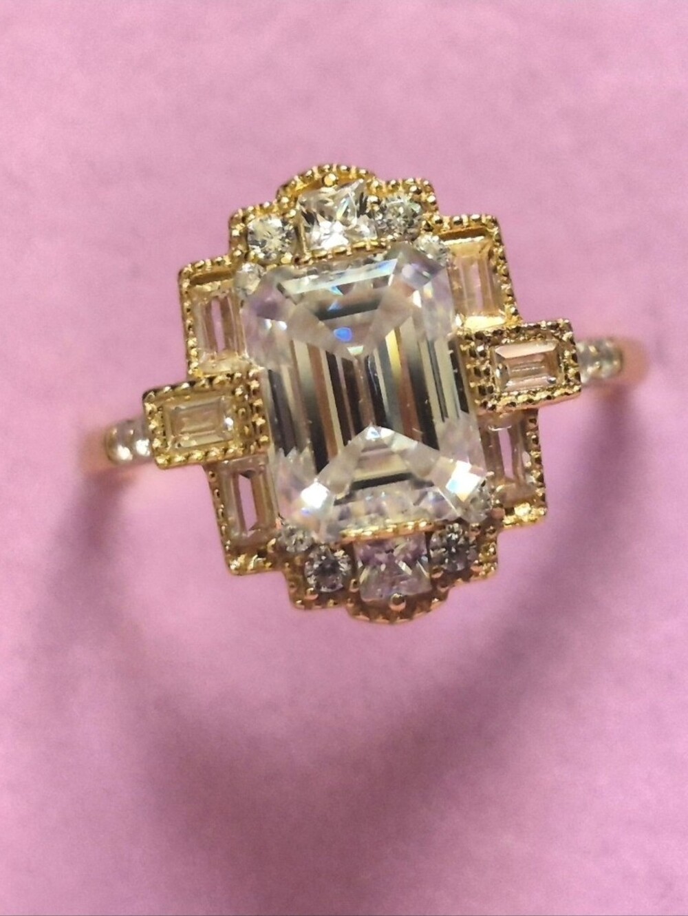GRA Certified VVS1 Emerald Cut Art Deco Moissanite Ring 6 Size Available